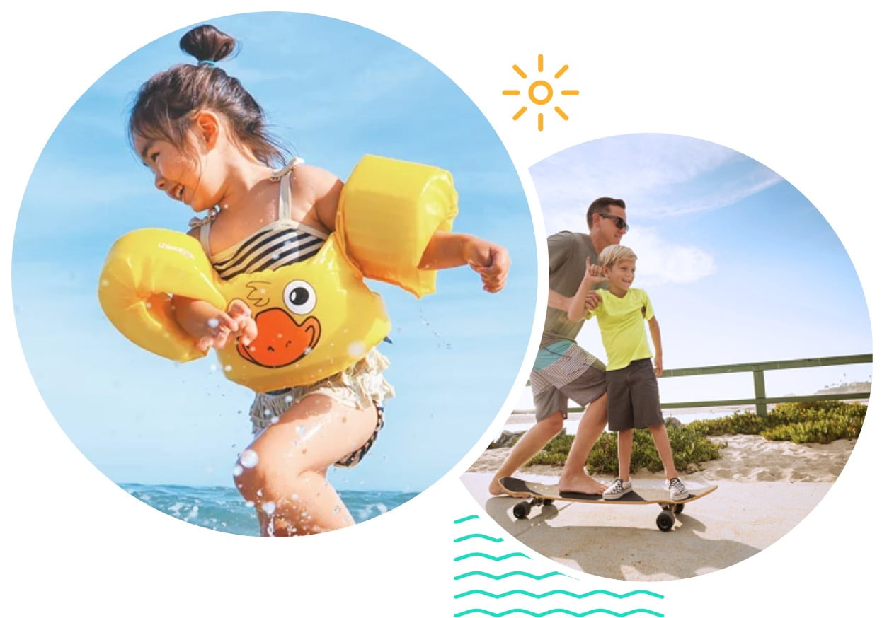 A little girl in yellow swimmies plays at the beach; a man and young boy skateboard on a trail